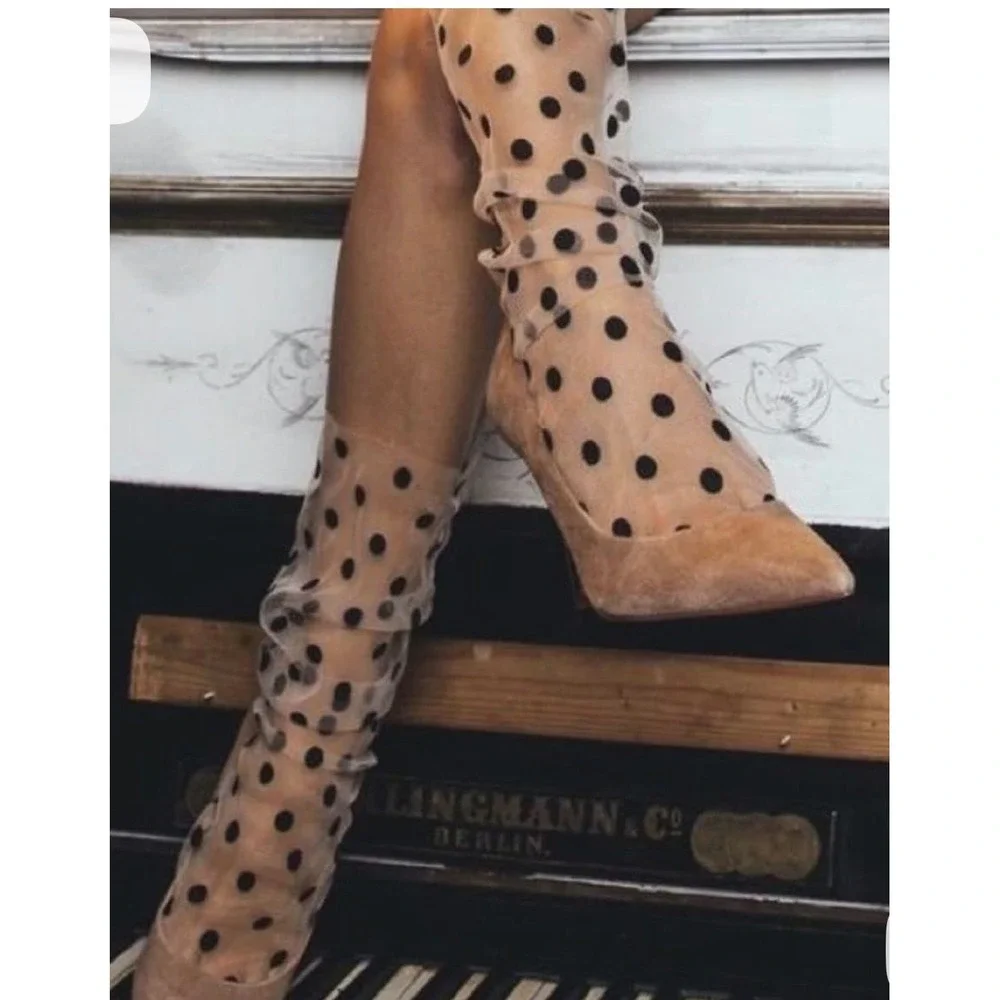 Womens Black Sheer Polka Dot Mesh Tulle Sock Slouchy Statement Sexy Trending NWT